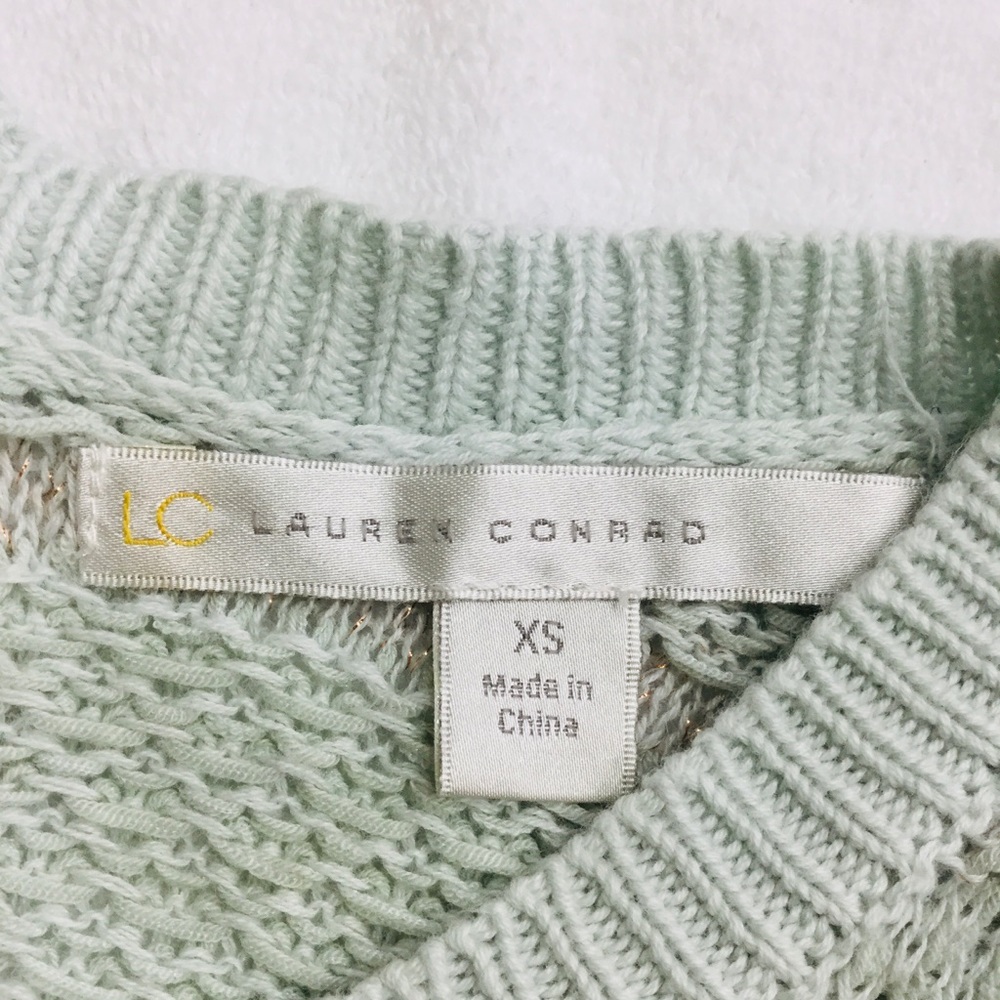 Lauren Conrad soft aqua, gold threads sweater, bow - Picture 2 of 8